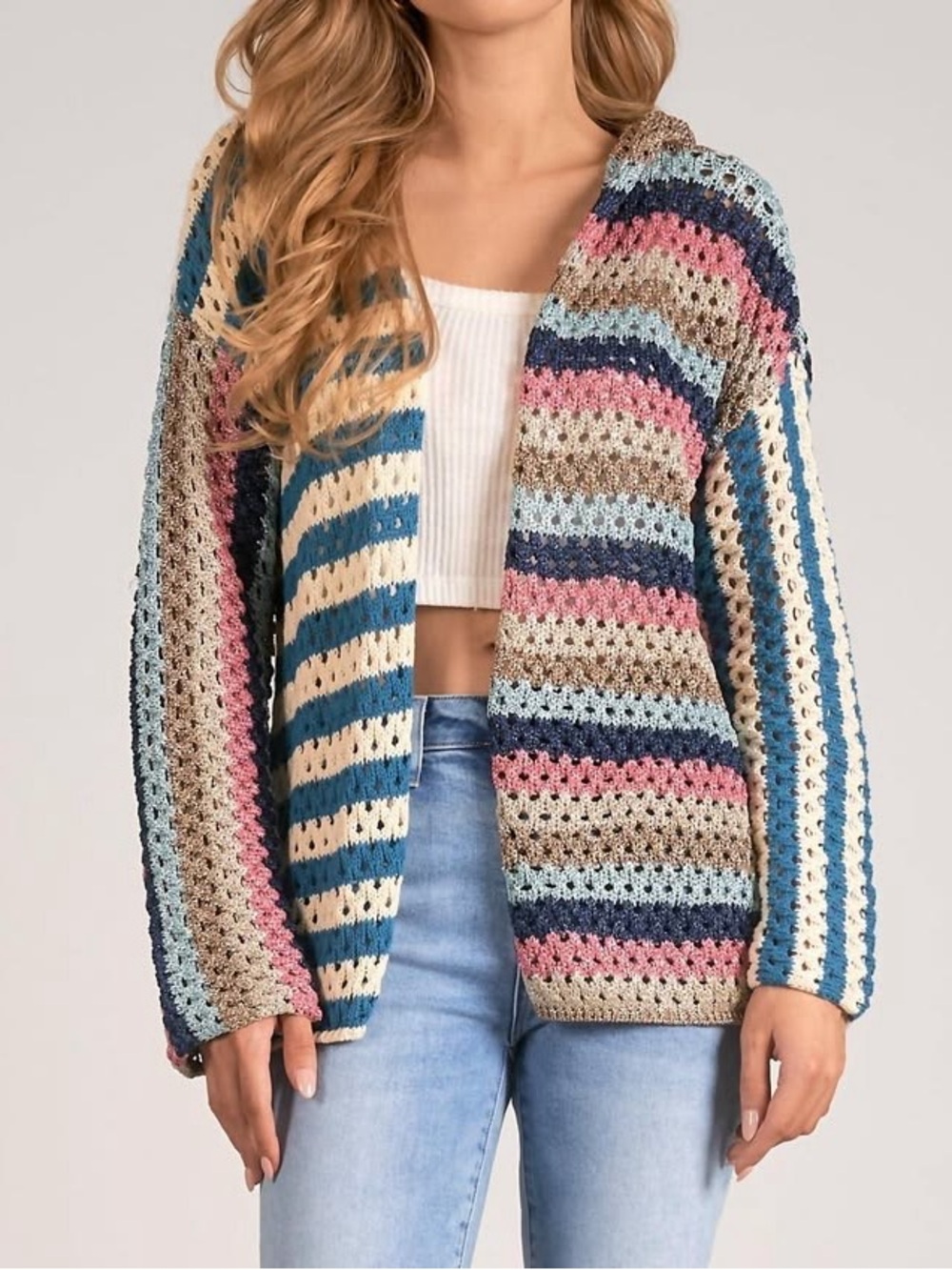 Elan Crochet Sweater Cardigan Sz L Metallic Hooded Hippie Boho Open Front Cozy